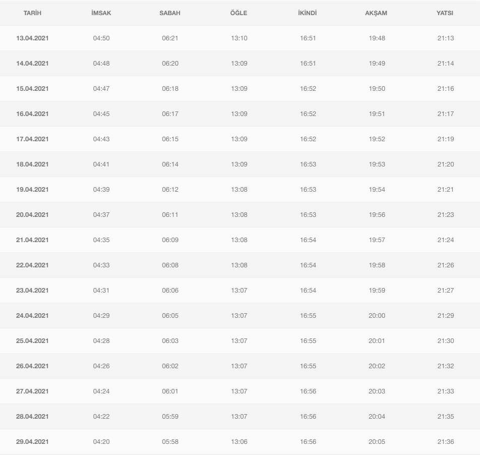 2021 Ramazan Ayı İmsakiyesi